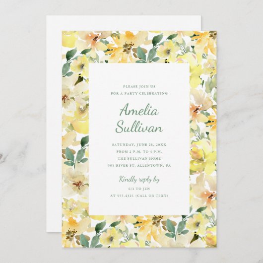 Zonnige Gele Aquarel Bloemige Feest Uitnodiging (Voorkant / Achterkant)