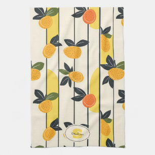 Zonnige Gele Citrus Vrucht Print met Groene Blader Theedoek