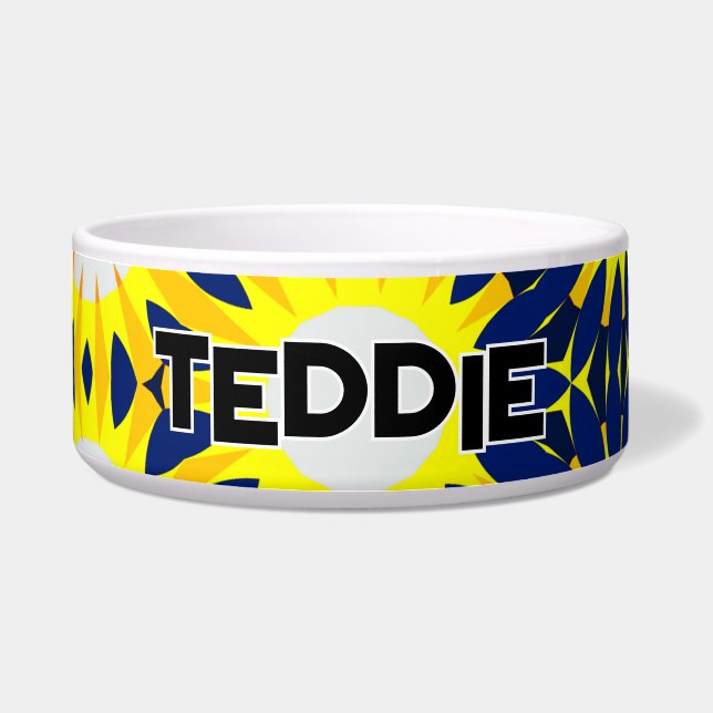 Zonnige Gele en Marine Zonnebloem Levendig Voerbakje (Voorkant)