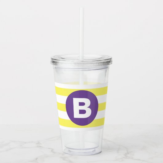 Zonnige Gele Gestreepte Paarse Monogram Acryl Drinkbeker (Voorkant)
