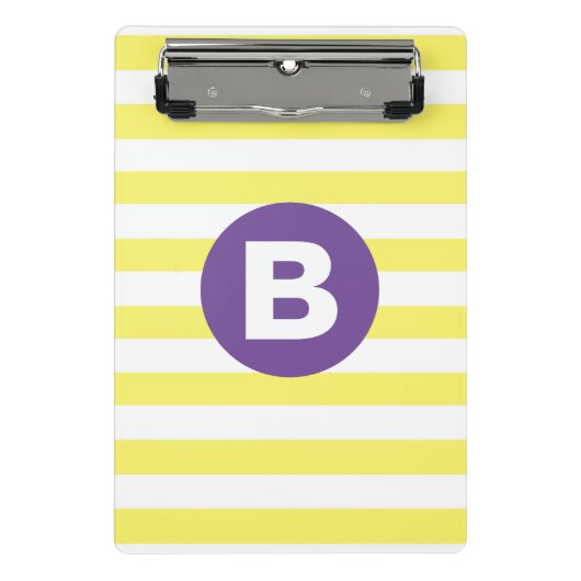 Zonnige Gele Gestreepte Paarse Monogram Mini Klembord (Voorkant)