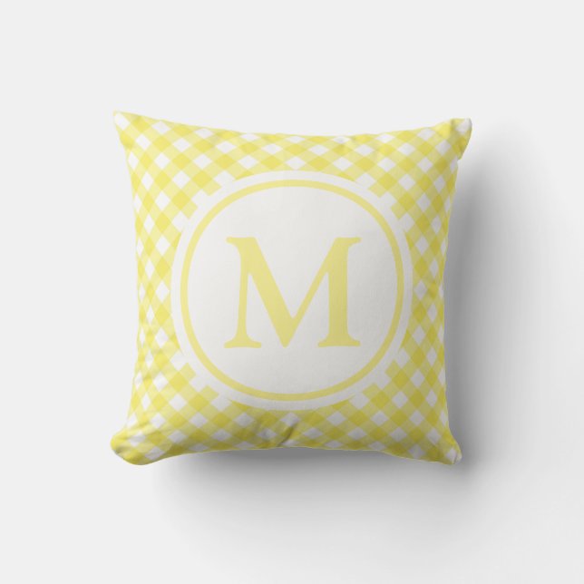 Zonnige Gele Gingham Monogram Buitenkussen (Voorkant)