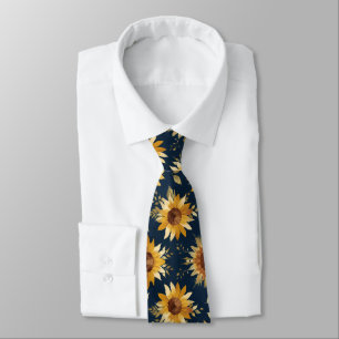 Zonnige Gele Goud Navy Zonnebloemen Bladeren Patro Stropdas