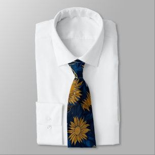 Zonnige Gele Goud Navy Zonnebloemen Bladeren Patro Stropdas