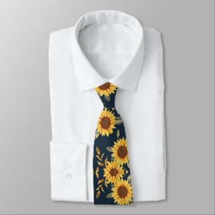 Zonnige Gele Goud Navy Zonnebloemen Bladeren Patro Stropdas