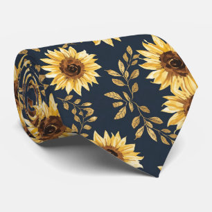 Zonnige Gele Goud Navy Zonnebloemen Bladeren Patro Stropdas