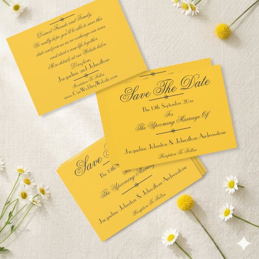 Zonnige Gele Trouw Donkere Script Save The Date Aankondiging
