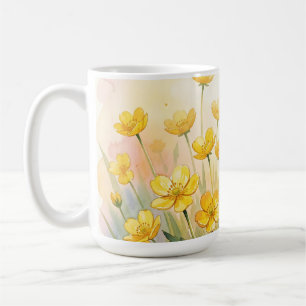 Zonnige Gele Wilde Bloem Waterverf Koffiemok