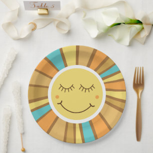 Zonnige Groovy Retro Boho Hippie Rond de Zon Papieren Bordje