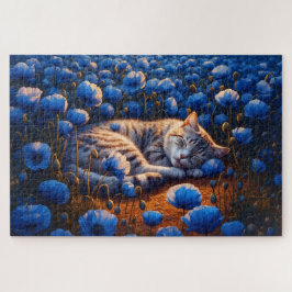Zonnige kattenkleur slaap bloemenblauw schattige n legpuzzel