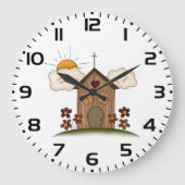 Zonnige kerk met bloemen rustieke landelijke charm grote klok (Voorkant)