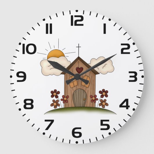 Zonnige kerk met bloemen rustieke landelijke charm grote klok (Voorkant)