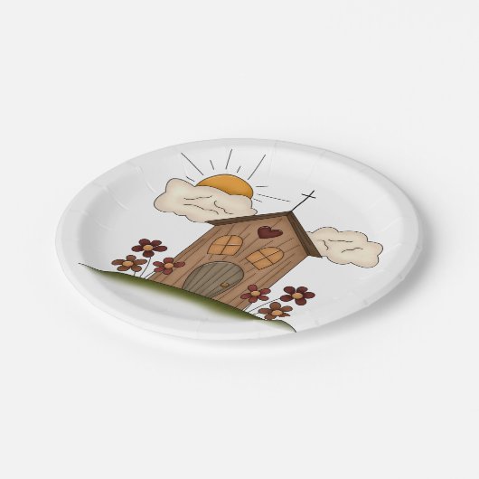 Zonnige kerk met bloemen rustieke landelijke charm papieren bordje (Gekanteld)