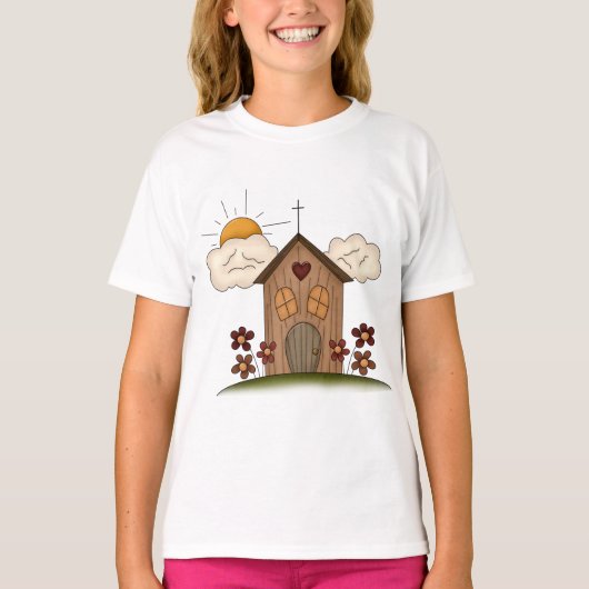 Zonnige kerk met bloemen rustieke landelijke charm t-shirt (Voorkant)