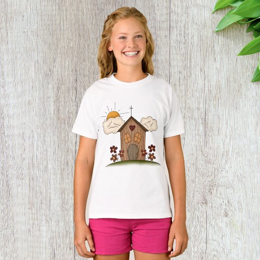 Zonnige kerk met bloemen rustieke landelijke charm t-shirt