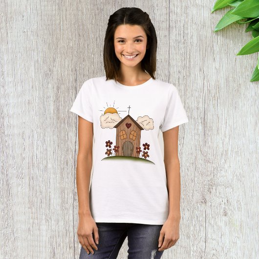 Zonnige kerk met bloemen rustieke landelijke charm t-shirt