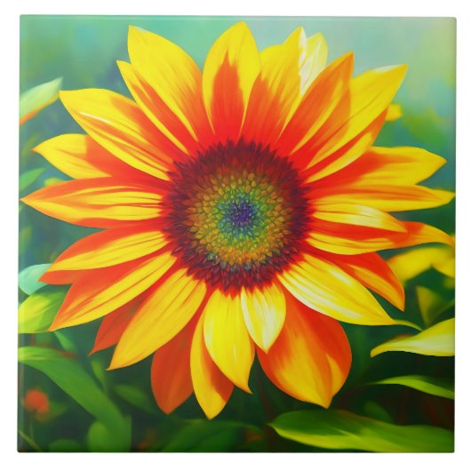 zonnige , kleurrijke zonnebloem - landkunst tegeltje (Voorkant)