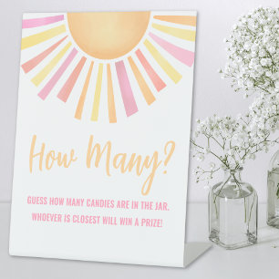Zonnige raad hoeveel roze zon baby shower reclamebord met voetstuk