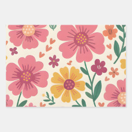 Zonnige Roze & Gele Bloemen met Hart Accenten Inpakpapier Vel