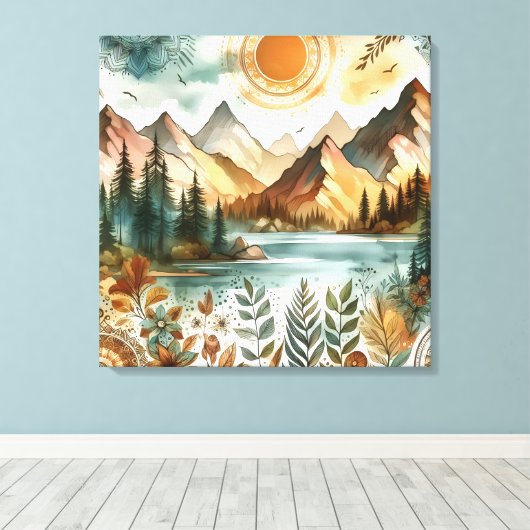 Zonnige Rustieke Boho Natuur Patroon Bergmeer Canvas Afdruk (Insitu (Houten vloer))