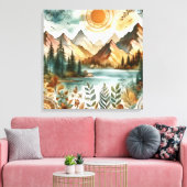 Zonnige Rustieke Boho Natuur Patroon Bergmeer Canvas Afdruk (Insitu (Woonkamer))