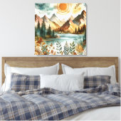 Zonnige Rustieke Boho Natuur Patroon Bergmeer Canvas Afdruk (Insitu (Slaapkamer))