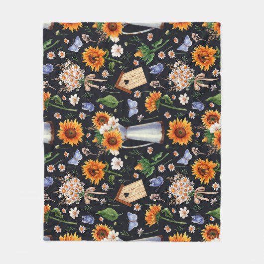 Zonnige rustieke Waterverf Zonnebloemen Patroon Fleece Deken (Voorkant)