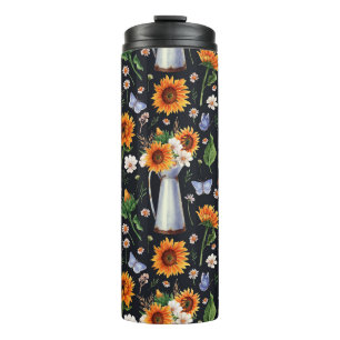 Zonnige rustieke Waterverf Zonnebloemen Patroon Thermosbeker