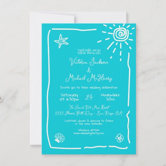 Zonnige Tropische Hand getrokken Bruiloft Bestemmi Kaart (Voorkant)