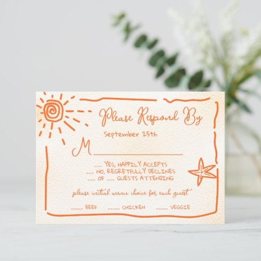 Zonnige Tropische Hand getrokken Bruiloft RSVP Kaart (Staand voorkant)