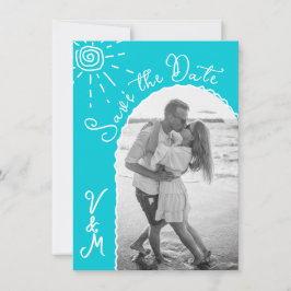 Zonnige Tropische Hand getrokken Save the date Fot Kaart