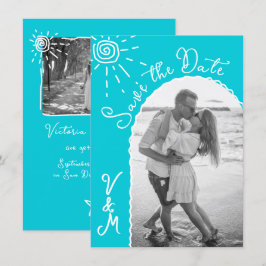 Zonnige Tropische Hand getrokken Save the date Fot Kaart