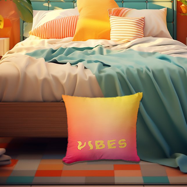 Zonnige 'Vibes' Roze Sinaasappel en geel Ombre Kussen (Vibrant 'VIBES' Ombre Pink Orange and Yellow Decorative Pillow
)