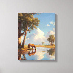 Zonnige Vijver Paard Reflectie Schilderij Canvas Afdruk