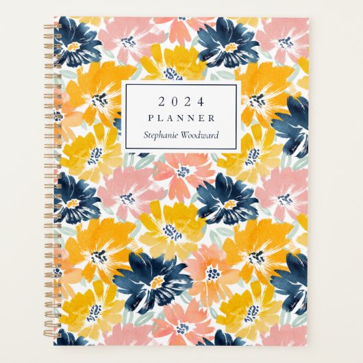 Zonnige Waterverf bloemenpatroon Monogram 2024 Planner (Voorkant)