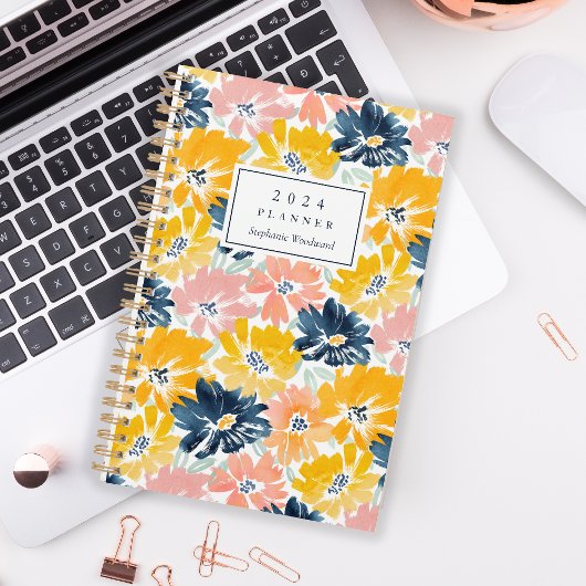 Zonnige Waterverf bloemenpatroon Monogram 2024 Planner