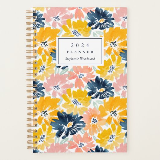 Zonnige Waterverf bloemenpatroon Monogram 2024 Planner (Voorkant)