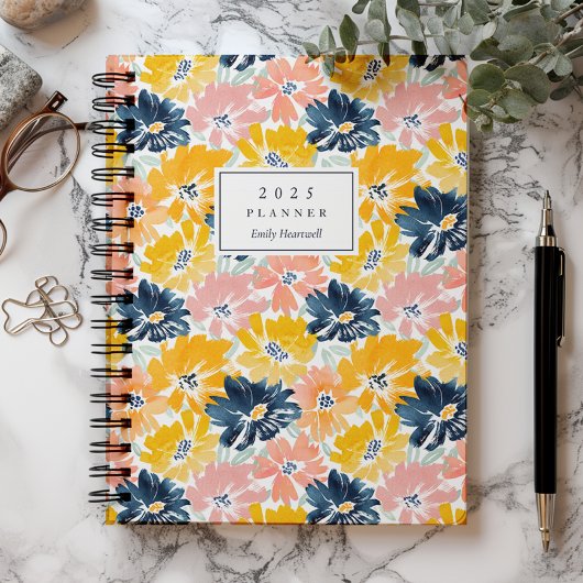 Zonnige Waterverf Bloemenpatroon Monogram 2025 Planner