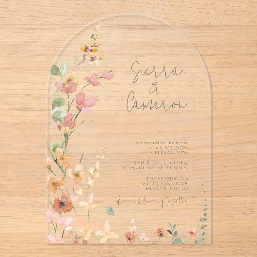 Zonnige Wilde Bloemen Bruiloft Transparante Boog I Acryl Uitnodigingen (Voorkant)