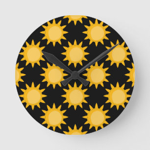 Zonnige Zon Illustratie Op Zwart Patroonontwerp Ronde Klok