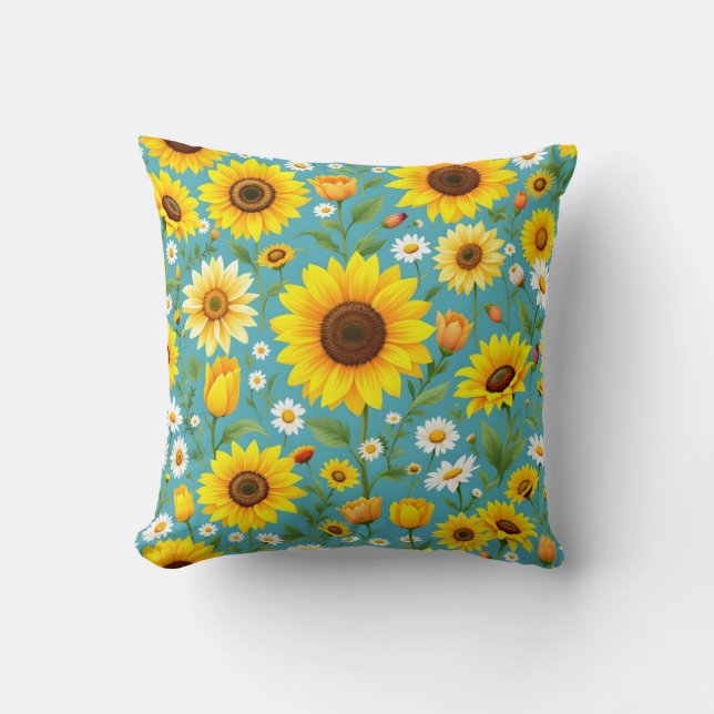 Zonnige zonnebloem en Daisy Meadow Pattern Kussen (Voorkant)
