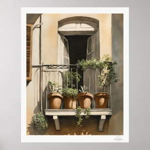Zonovergoten balkon met bloemen olieverfprint poster