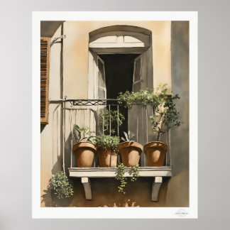 Zonovergoten balkon met bloemen olieverfprint poster