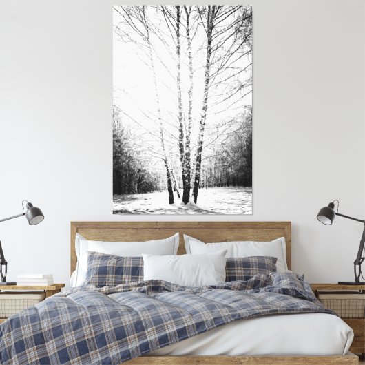 Zonovergoten berkenbomen in het winterbos canvas afdruk (Insitu (Slaapkamer))