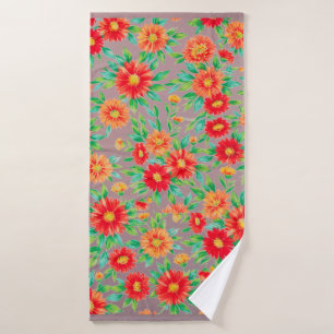 "Zonovergoten Bloemen" - Oranje en Rode Gebloemde Badhanddoek