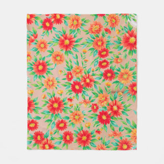 Zonovergoten Bloemen" - Oranje en Rode Gebloemde G Fleece Deken