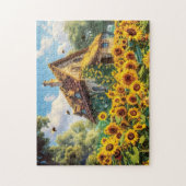 Zonovergoten boerderij met bloeiende zonnebloemen legpuzzel (Verticaal)