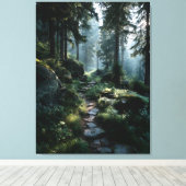 Zonovergoten bospad door oude pijnbomen canvas afdruk (Insitu (Houten vloer))