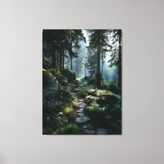 Zonovergoten bospad door oude pijnbomen canvas afdruk (Voorkant)
