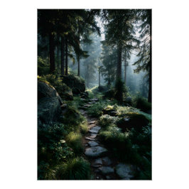 Zonovergoten bospad door oude pijnbomen perfect poster